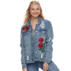 Juniors' Love, Fire Oversized Embroidered Denim Jacket, Teens, Size: Large, Blue (navy)
