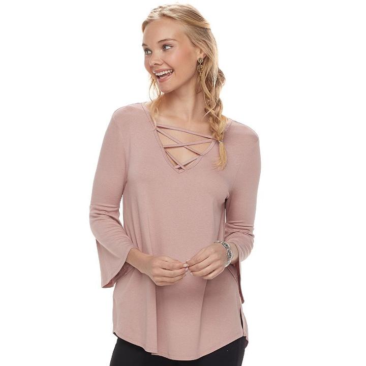 Juniors' Pink Rose Strappy Bell Sleeve Top, Teens, Size: Large, Lt Beige
