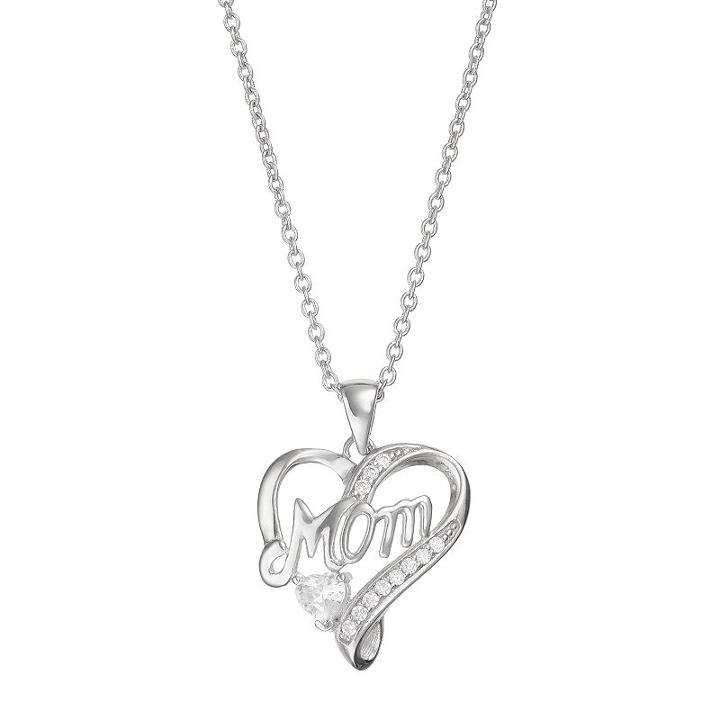Silver Plated Cubic Zirconia Mom Heart Pendant Necklace, Women's, Size: 18, Grey
