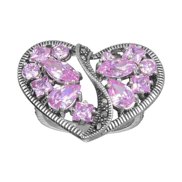 Lavish By Tjm Sterling Silver Pink Cubic Zirconia Openwork Heart Ring - Made With Swarovski Marcasite, Women's, Size: 9