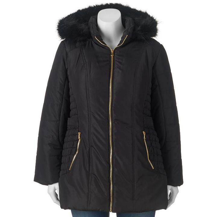Juniors' Plus Size Pink Envelope Hooded Faux-fur Puffer Jacket, Teens, Size: 2xl, Black