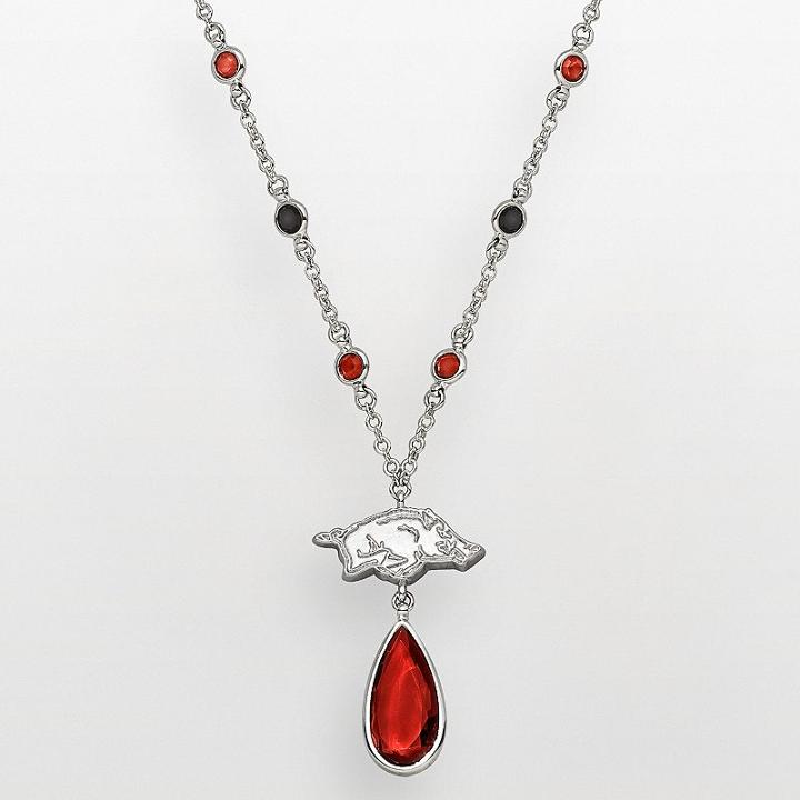Arkansas Razorbacks Silver Tone Crystal Logo Teardrop Y Necklace, Women's, Multicolor