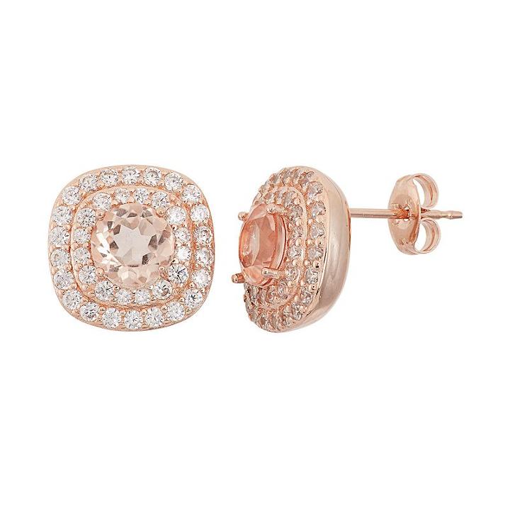 Peach Quartz Doublet & Cubic Zirconia 18k Rose Gold Over Silver Halo Stud Earrings, Women's, Pink