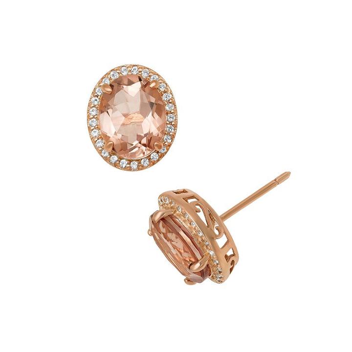 14k Rose Gold Over Silver Simulated Morganite And Lab-created White Sapphire Oval Halo Stud Earrings, Women's, Pink