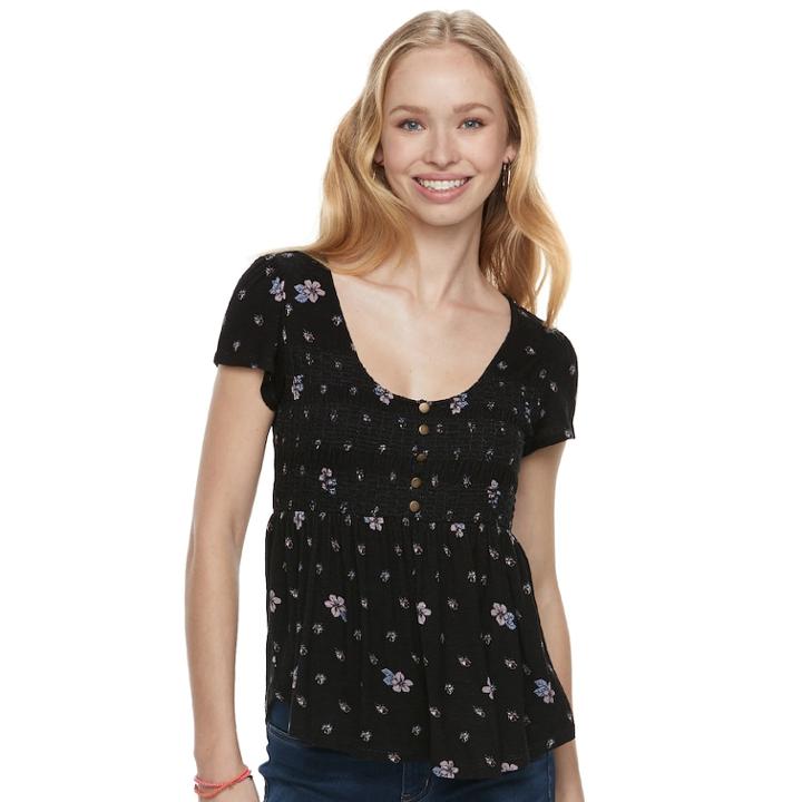 Juniors' About A Girl Print Smocked Babydoll Tee, Size: Small, Grey (charcoal)