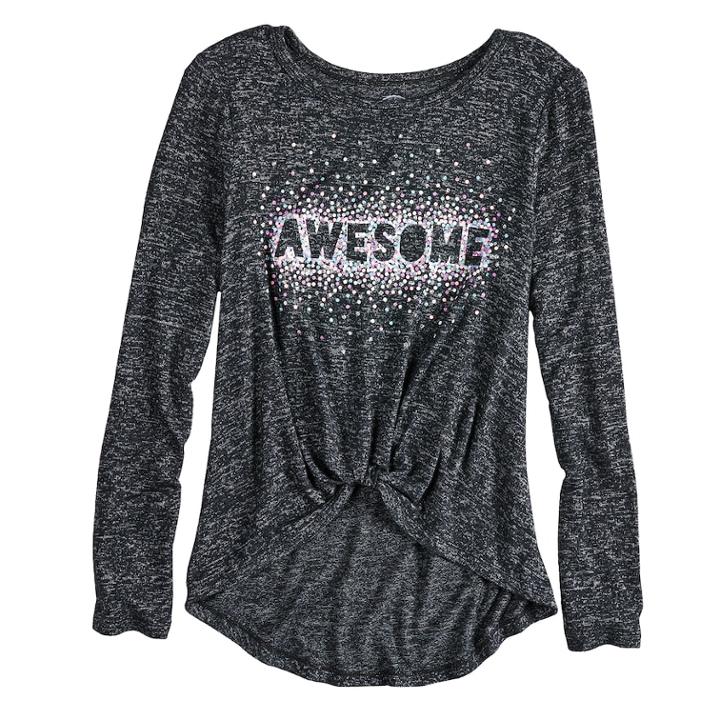Girls 7-16 & Plus Size So&reg; Cozy Front Knot Long Sleeve Graphic Tee, Size: 10, Black