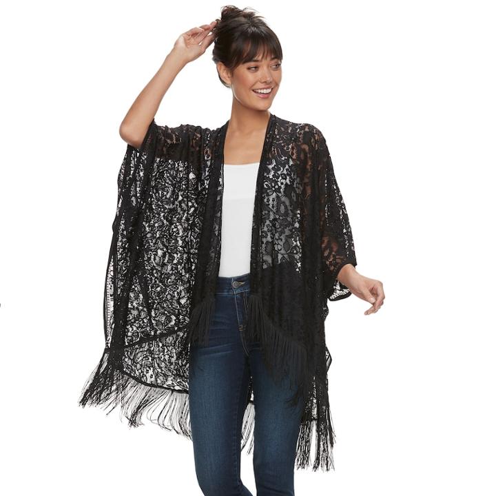 Women's Floral Lace & Fringe Ruana, Black