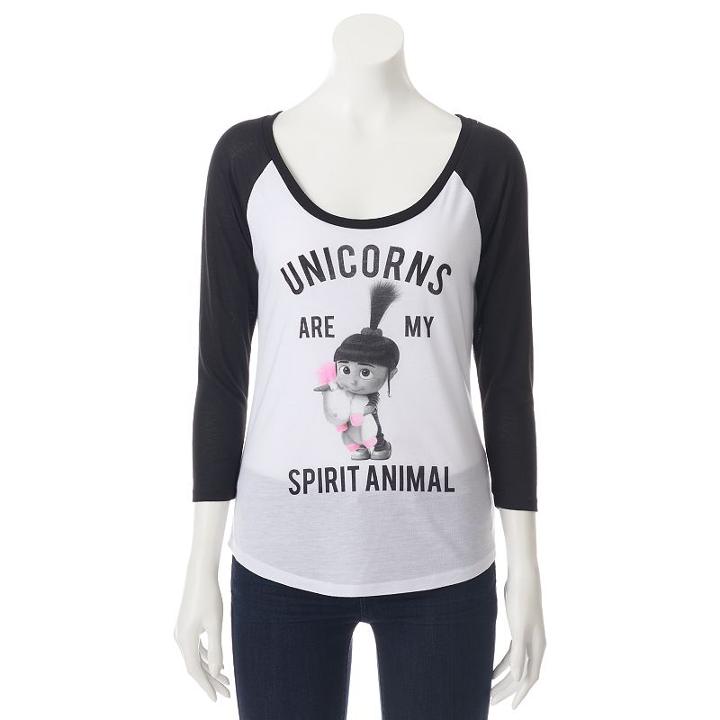 Juniors' Despicable Me Unicorns Are My Spirit Animal Baseball Graphic Tee, Girl's, Size: Xl, White