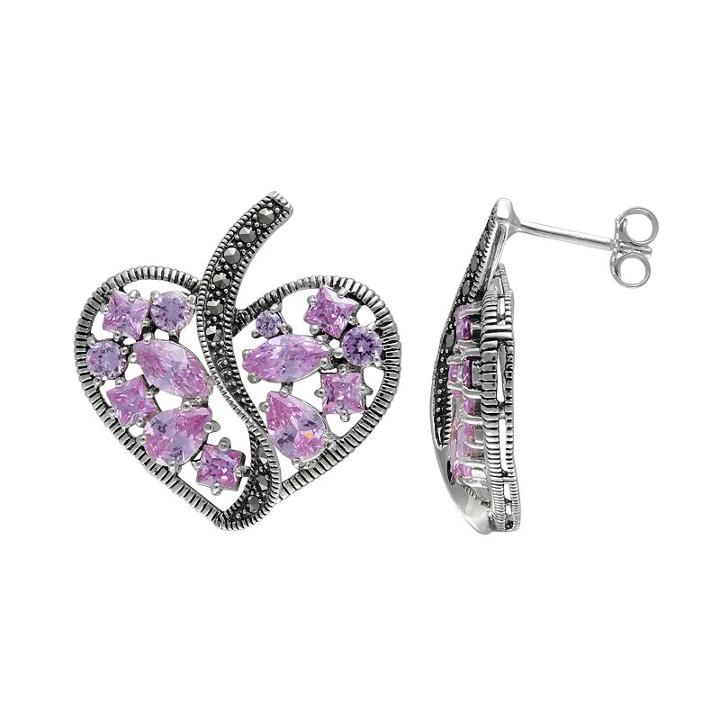 Lavish By Tjm Sterling Silver Pink Cubic Zirconia Openwork Heart Drop Earrings - Made With Swarovski Marcasite, Women's