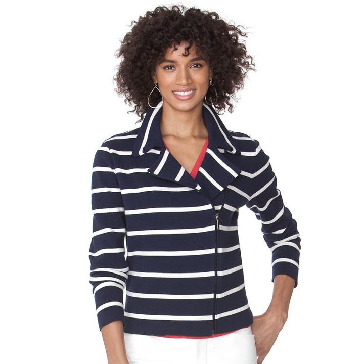 Women's Chaps Striped Asymmetrical-zip Jacket, Size: Large, Blue