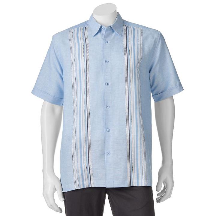 Men's Havanera Embroidered Striped Panel Classic-fit Linen-blend Button-down Shirt, Size: Large, Light Blue
