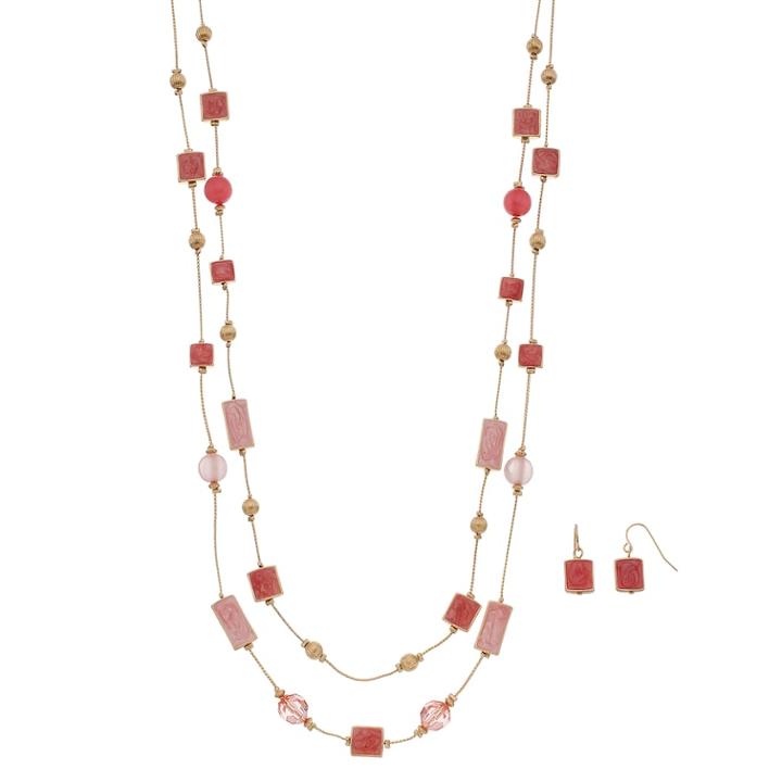 Peach Double Strand Necklace & Drop Earrings Set, Women's, Pink
