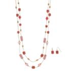 Peach Double Strand Necklace & Drop Earrings Set, Women's, Pink