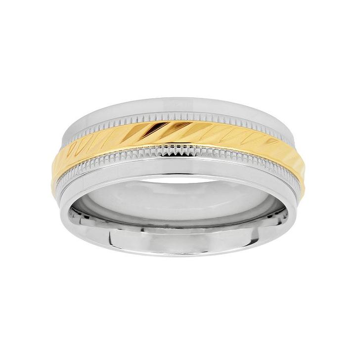 Two Tone Stainless Steel Grooved Men's Wedding Band, Size: 13, Silver