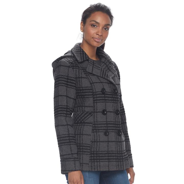 Women's D.e.t.a.i.l.s Hooded Double Breasted Wool Blend Peacoat, Size: Medium, Grey (charcoal)