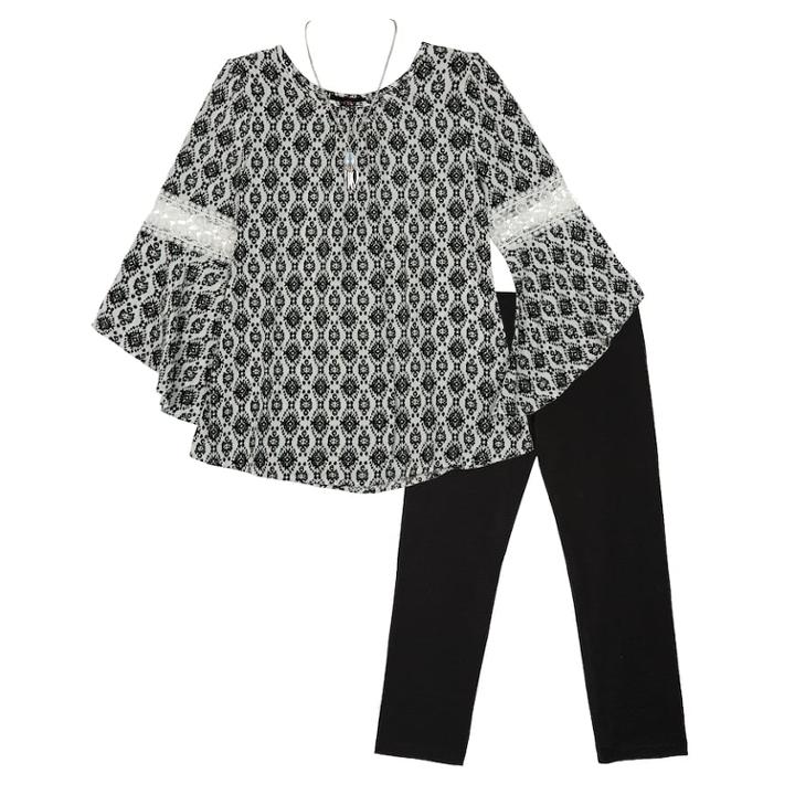 Girls 7-16 Iz Amy Byer Bell Sleeve Top & Leggings Set With Necklace, Black