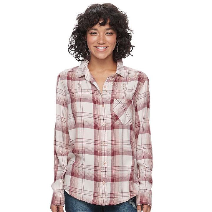 Juniors' Mudd&reg; Plaid Flannel Shirt, Teens, Size: Small, Brt Purple