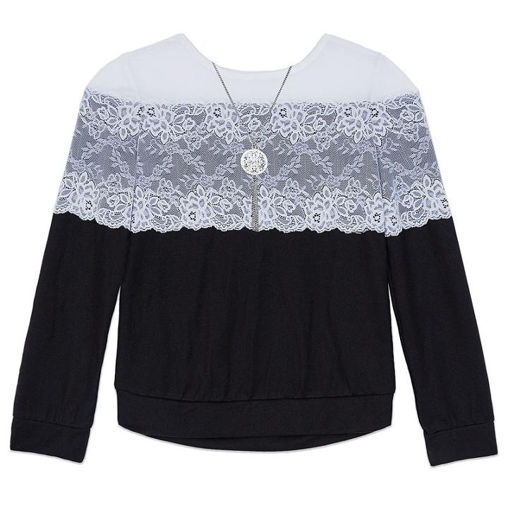 Girls 7-16 Iz Amy Byer Lace Illusion Hatchi Knit Long Sleeve Top With Necklace, Girl's, Size: Small, Black