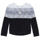 Girls 7-16 Iz Amy Byer Lace Illusion Hatchi Knit Long Sleeve Top With Necklace, Girl's, Size: Small, Black
