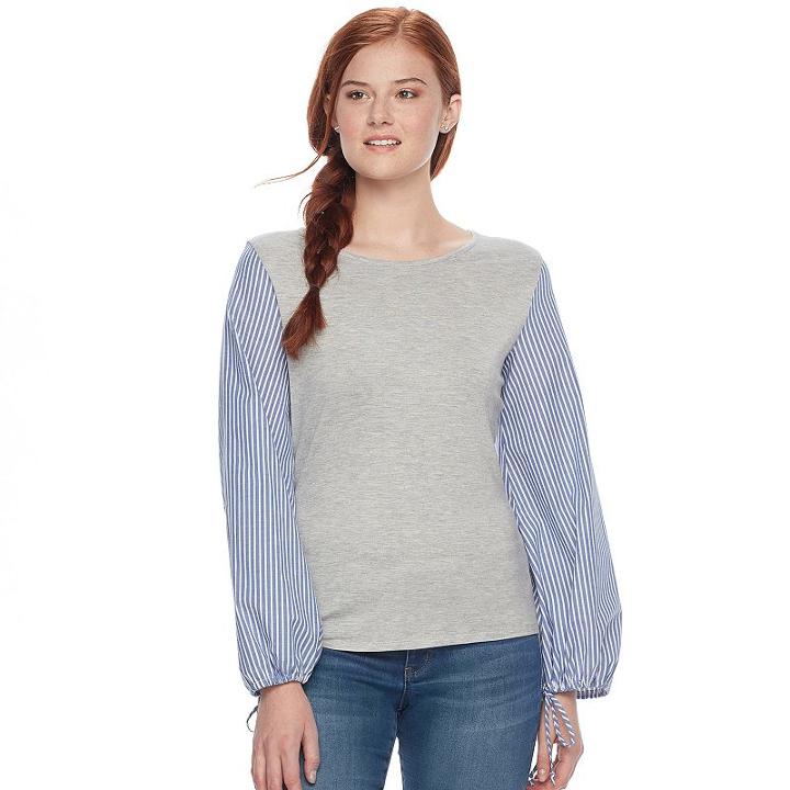 Juniors' Love, Fire Mixed Media Striped Sleeve Top, Teens, Size: Medium, Med Grey
