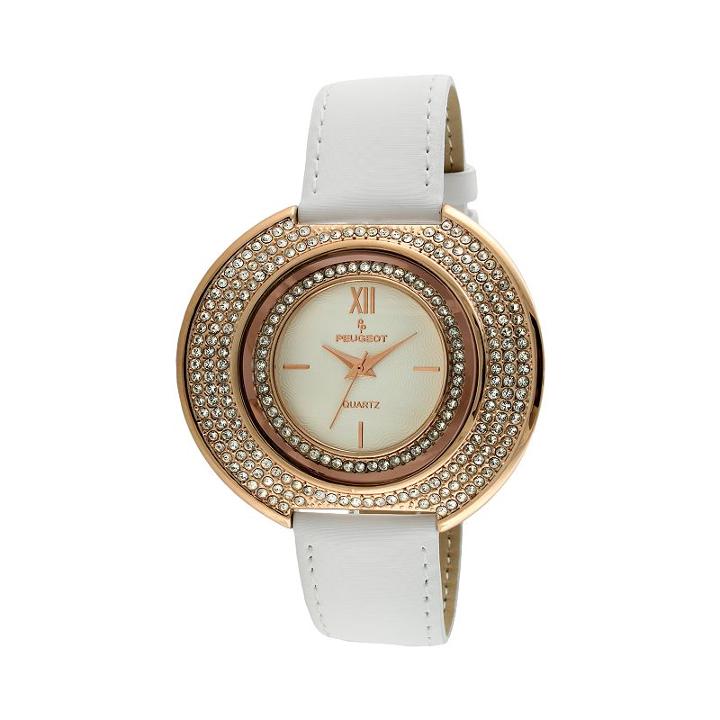 Peugeot Women's Crystal Leather Watch - J6371rwt, White