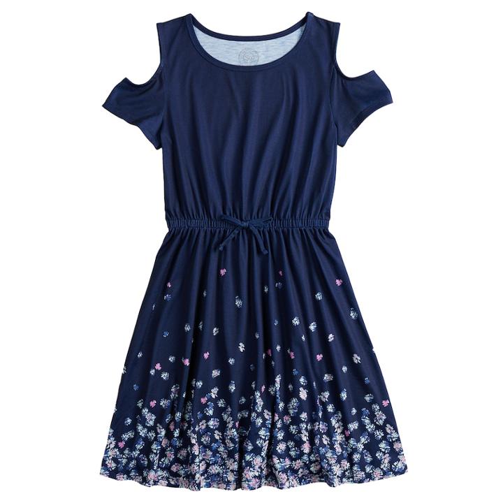 Girls 7-16 & Plus Size So&reg; Printed Cold Shoulder Dress, Size: S/7-8, Dark Blue