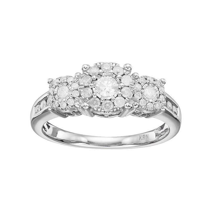 Sterling Silver 1/2 Carat T.w. Diamond 3-stone Cluster Engagement Ring, Women's, Size: 7, White