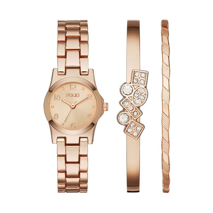Folio Women's Watch & Geometric Bangle Bracelet Set, Size: Small, Pink