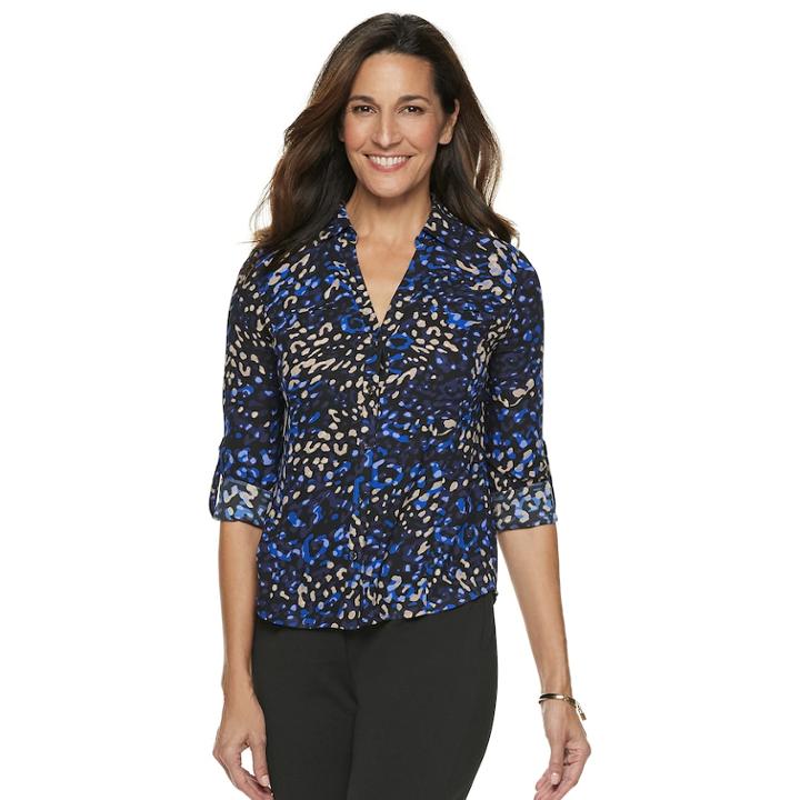 Petite Dana Buchman Roll-tab Camp Shirt, Women's, Size: L Petite, Blue