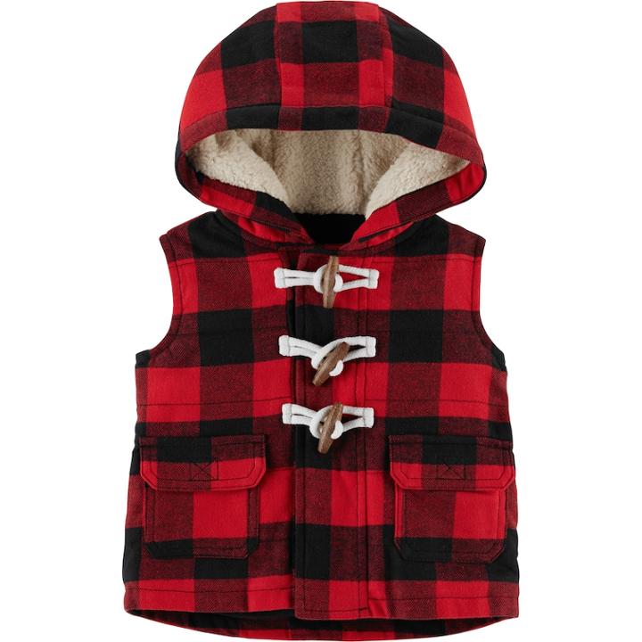 Baby Boy Carter's Buffalo Check Hooded Fleece Vest, Size: 24 Months, Red