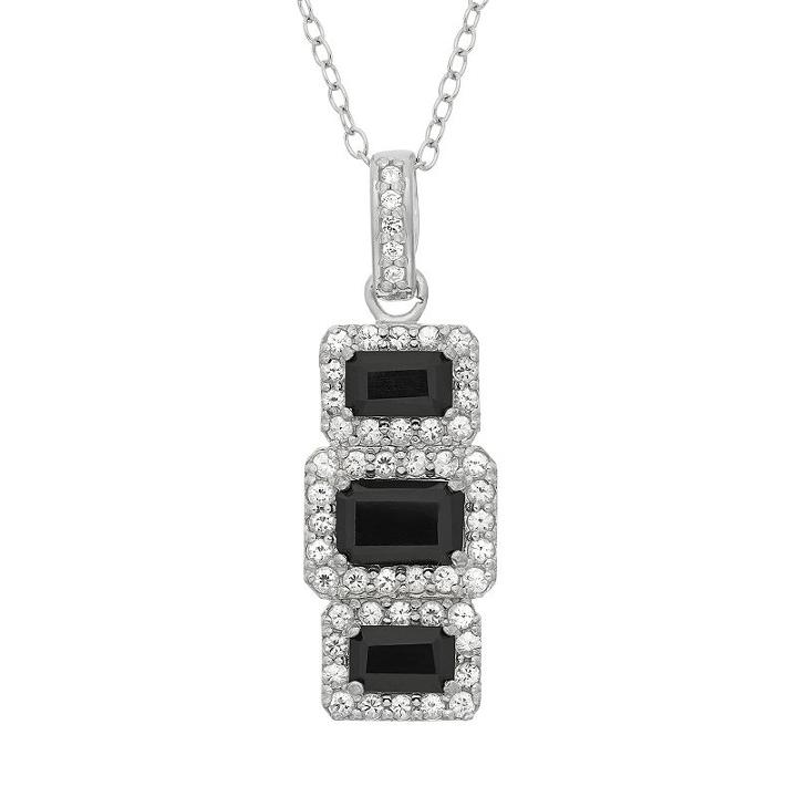 Onyx And Lab-created White Sapphire Sterling Silver 3-stone Halo Drop Pendant Necklace, Women's, Size: 18, Black