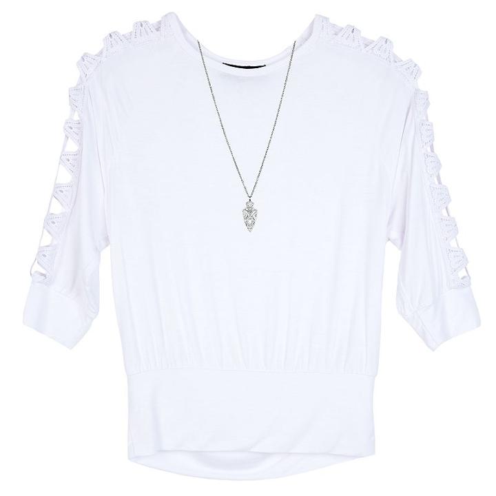 Girls 7-16 Iz Amy Byer Open Lattice 3/4-length Sleeve Top With Necklace, Girl's, Size: Medium, White