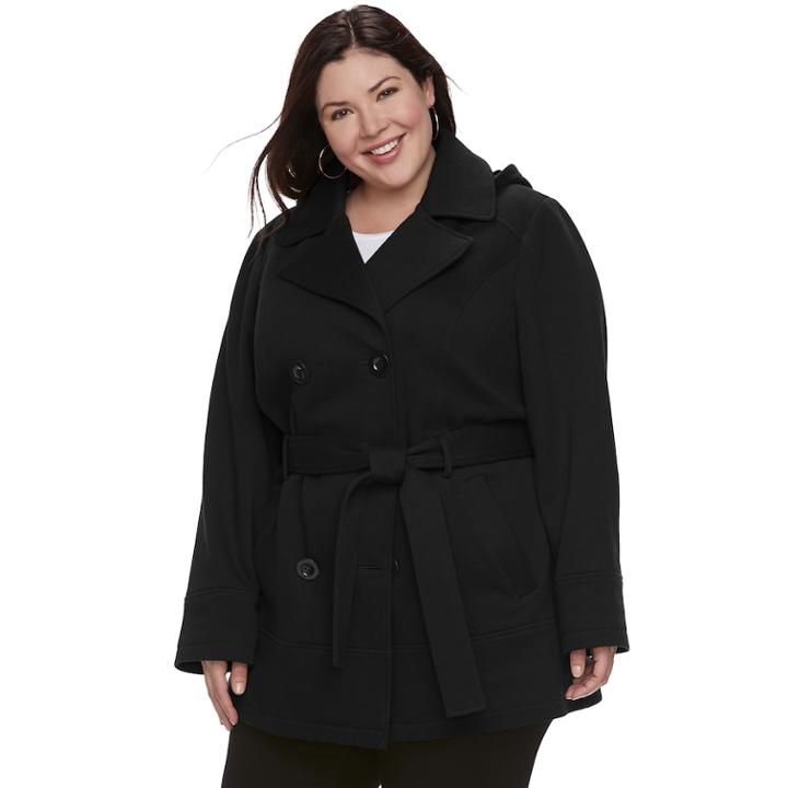 Plus Size D.e.t.a.i.l.s Hooded Double-breasted Fleece Jacket, Women's, Size: 1xl, Black