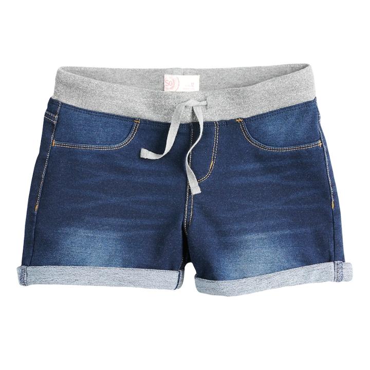 Girls 7-16 & Plus Size So&reg; Ribbed Waist Faux-denim Shortie Shorts, Size: 10, Dark Blue