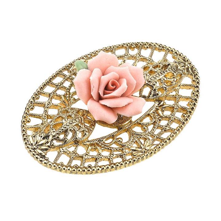 1928 Porcelain Rose Openwork Pin, Women's, Pink