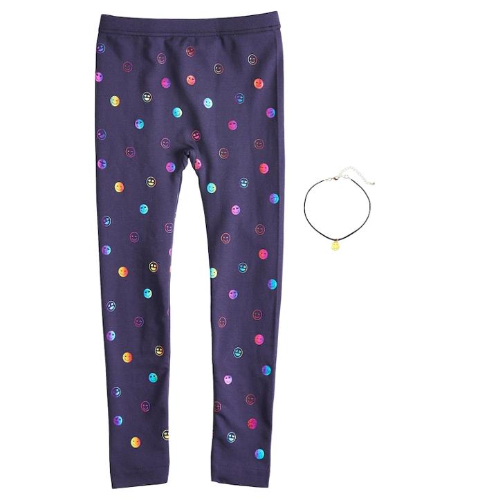 Girls 4-14 Smiley Face Fleece-lined Leggings With Necklace, Size: M-l, Blue (navy)
