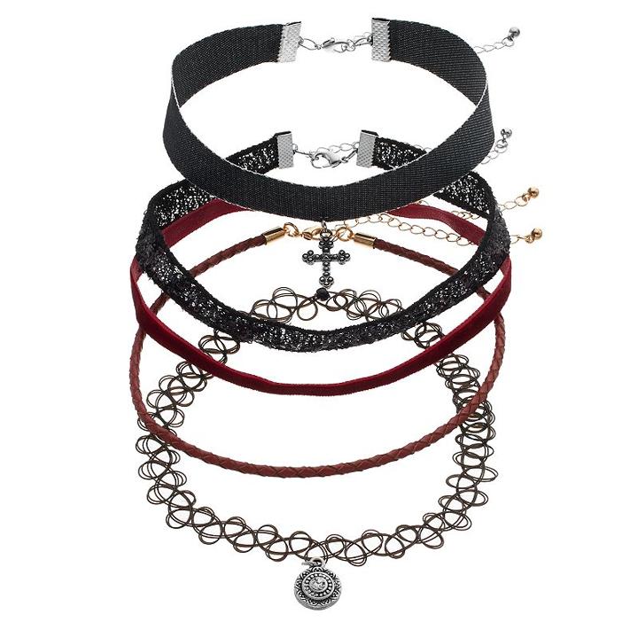 Mudd&reg; Cross, Sequin, Red Velvet & Tattoo Choker Necklace Set, Women's, Multicolor