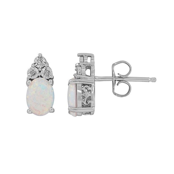 Sterling Silver Lab-created Opal & Diamond Accent Oval Stud Earrings, Women's, White
