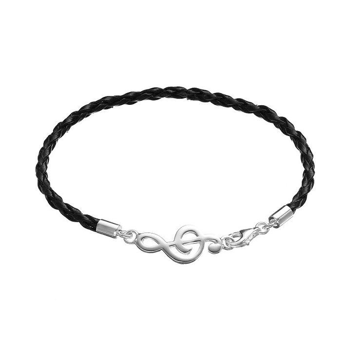 Sterling Silver Treble Clef Link Woven Leather Bracelet, Women's, Size: 7.5, Grey