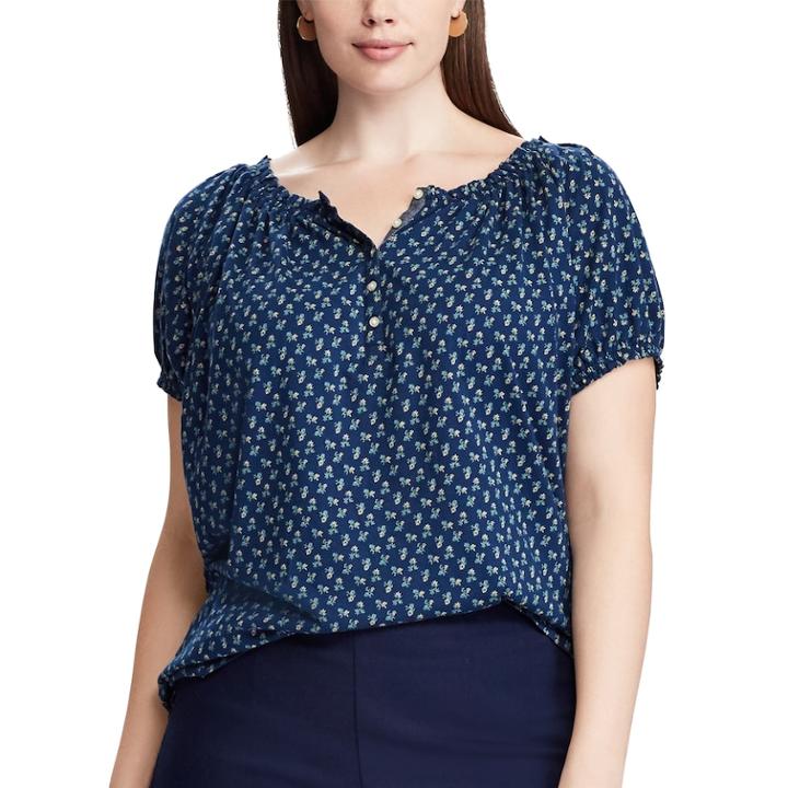 Plus Size Chaps Floral Raglan Henley, Women's, Size: 2xl, Blue