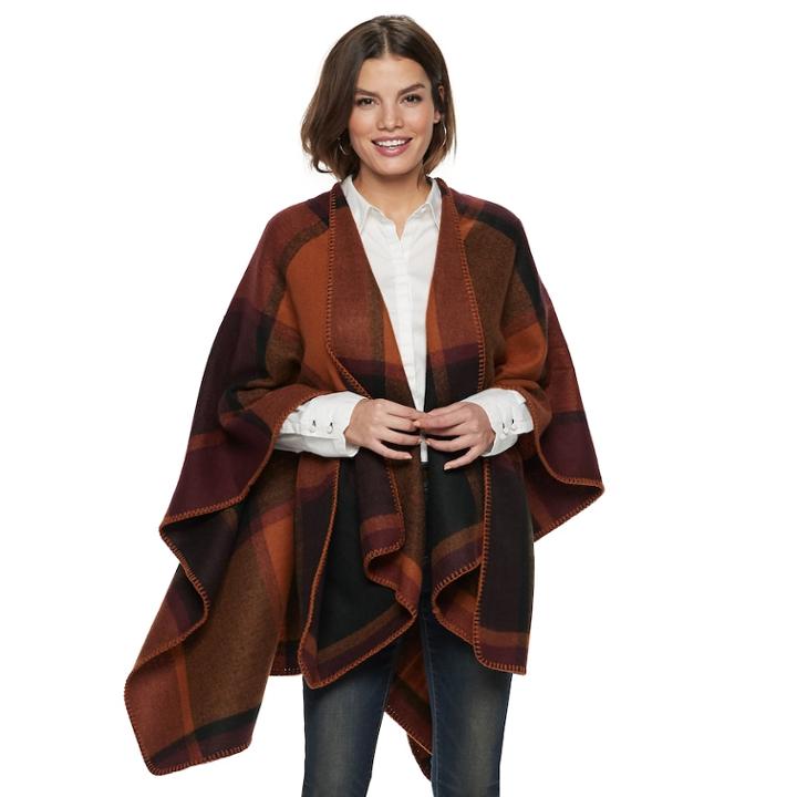 Women's Apt. 9&reg; Whipstitch Trim Plaid Riding Ruana, Red