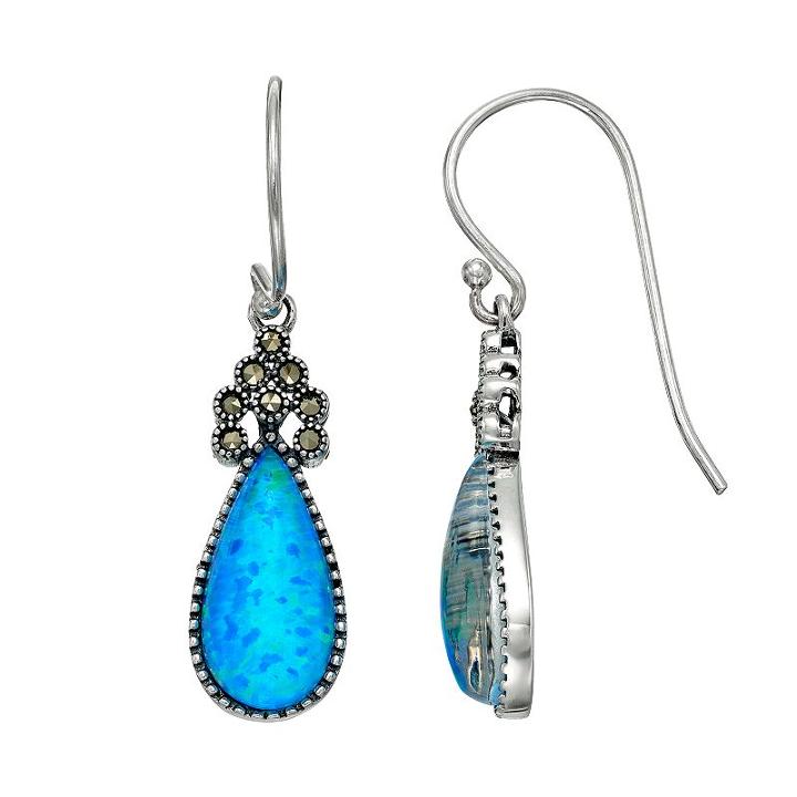 Tori Hill Sterling Silver Simulated Blue Opal & Marcasite Teardrop Earrings, Women's, Grey
