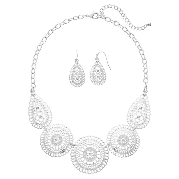 Scalloped Openwork Statement Necklace & Teardrop Earring Set, Women's, Silver