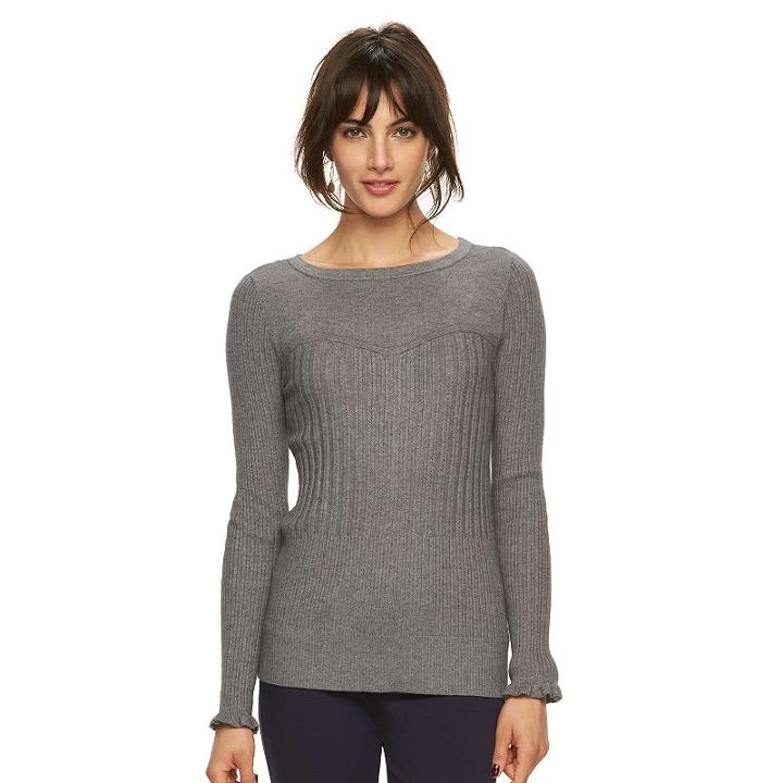Women's Elle&trade; Ruffle Crewneck Sweater, Size: Xs, Dark Grey