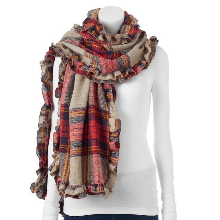 Apt. 9&reg; Plaid Ruffled Wrap Scarf, Women's, Dark Red