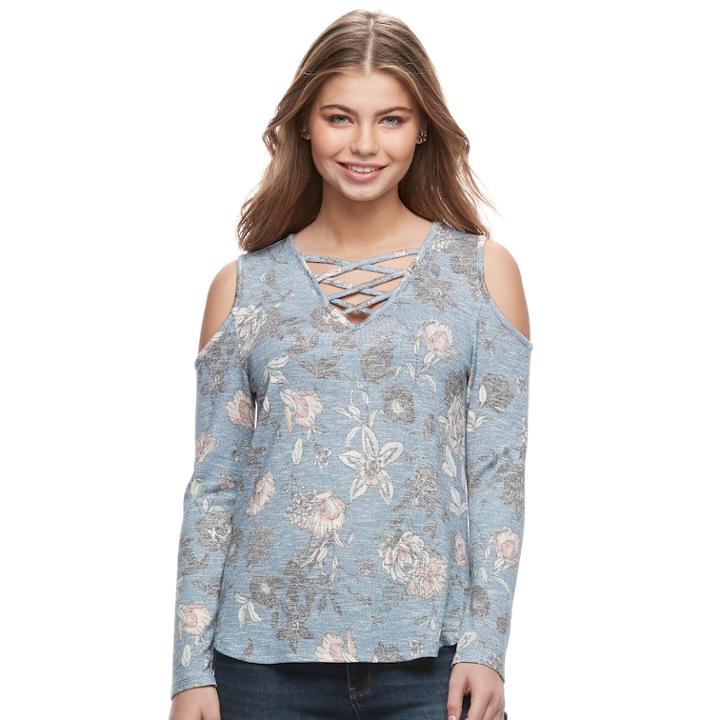 Juniors' Love, Fire Print Lace Up Cold-shoulder Top, Size: Large, Med Blue