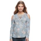 Juniors' Love, Fire Print Lace Up Cold-shoulder Top, Size: Large, Med Blue