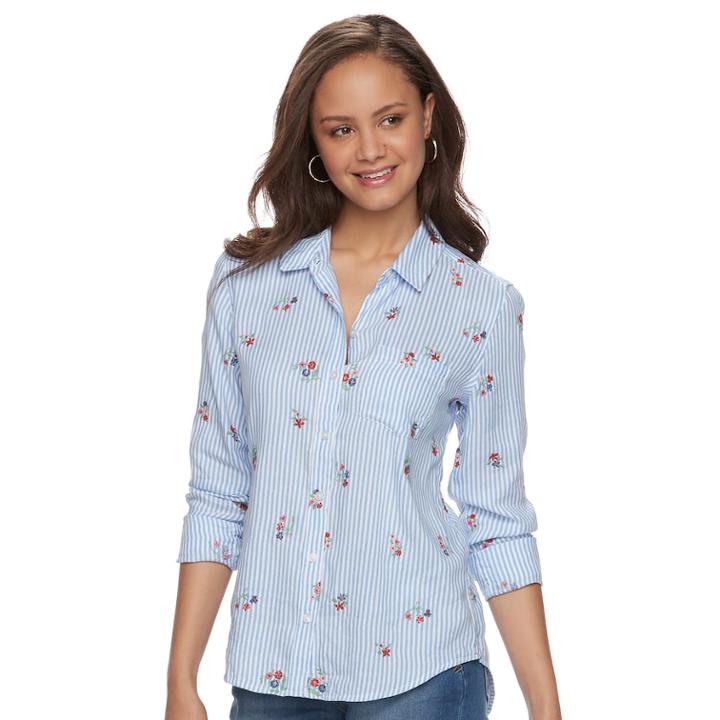 Juniors' So&reg; Floral Striped Shirt, Teens, Size: Medium, Light Blue