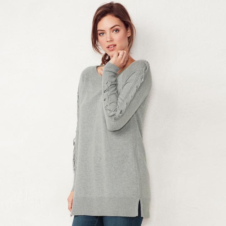 Women's Lc Lauren Conrad Lace-up Sleeve Tunic Sweater, Size: Xxl, Light Grey