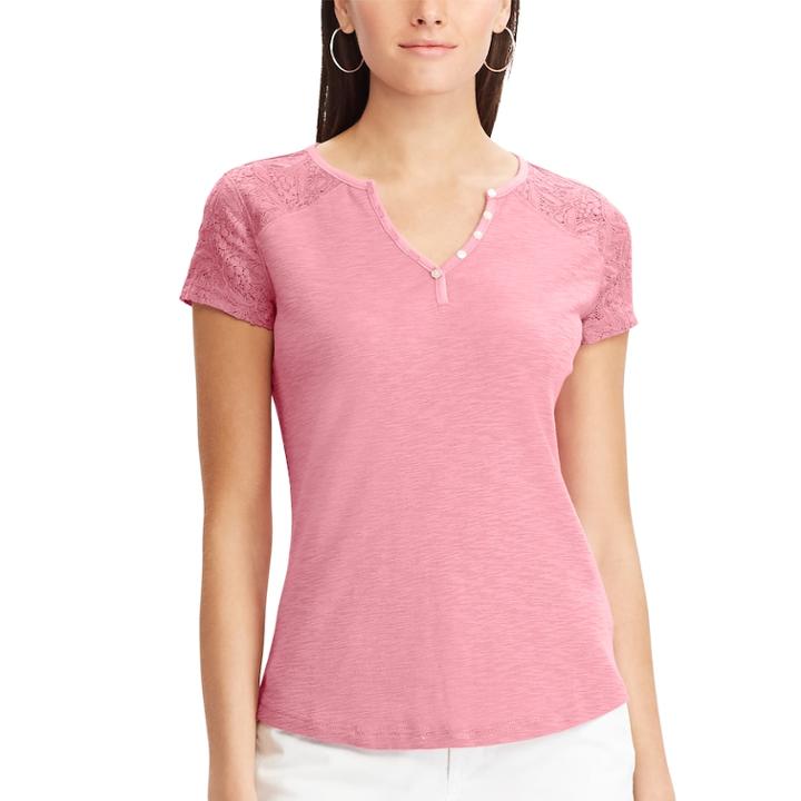 Women's Chaps Lace Sleeve Henley Tee, Size: Xs, Pink
